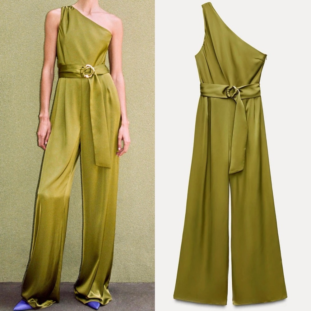 Zara NWT olive green satin one shoulder belted asymmetrical jumpsuit
